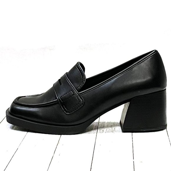 New Black Women Slip On Chunky Heel Penny Loafers - Picture 1 of 7
